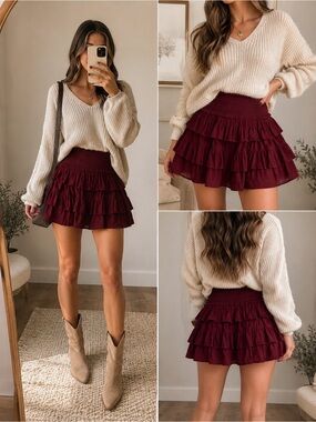 Olivaceous Burgundy Smocked Ruffle Mini Skirt | Size Medium